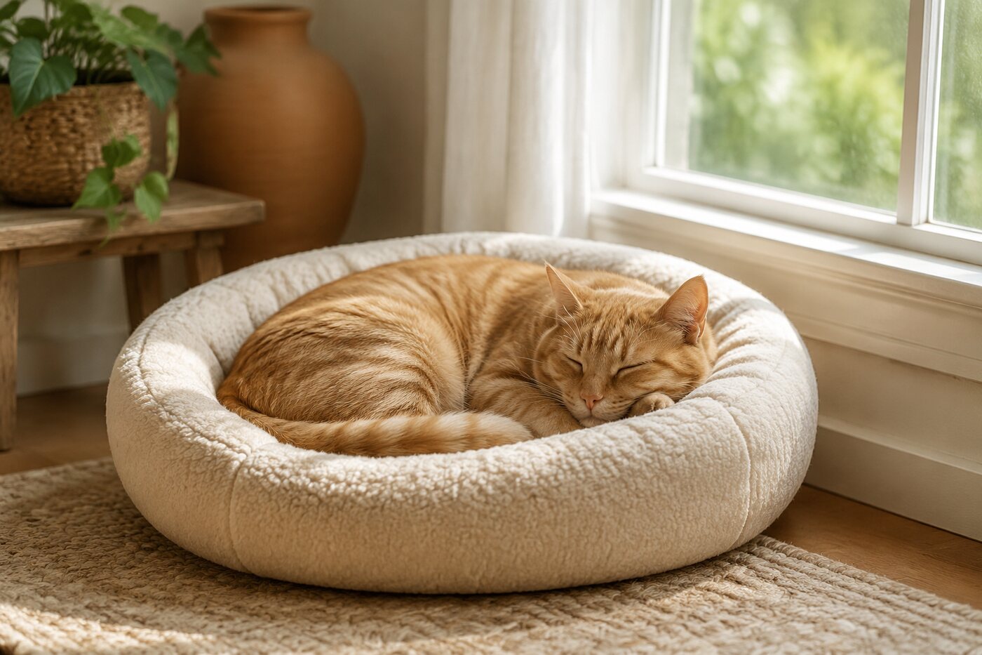Ginger cat resting in a warm supportive bed