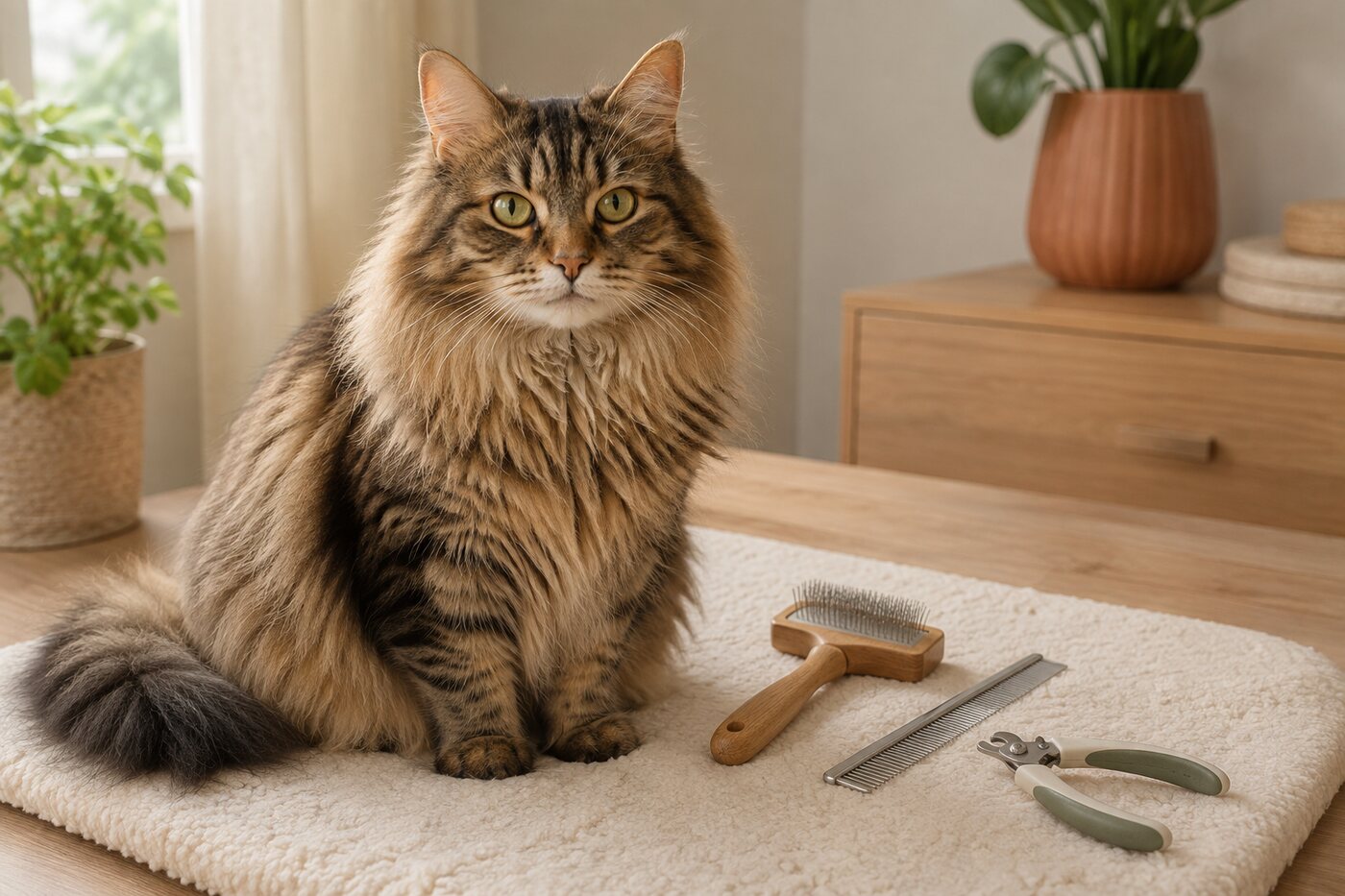 Long-haired cat beside grooming tools