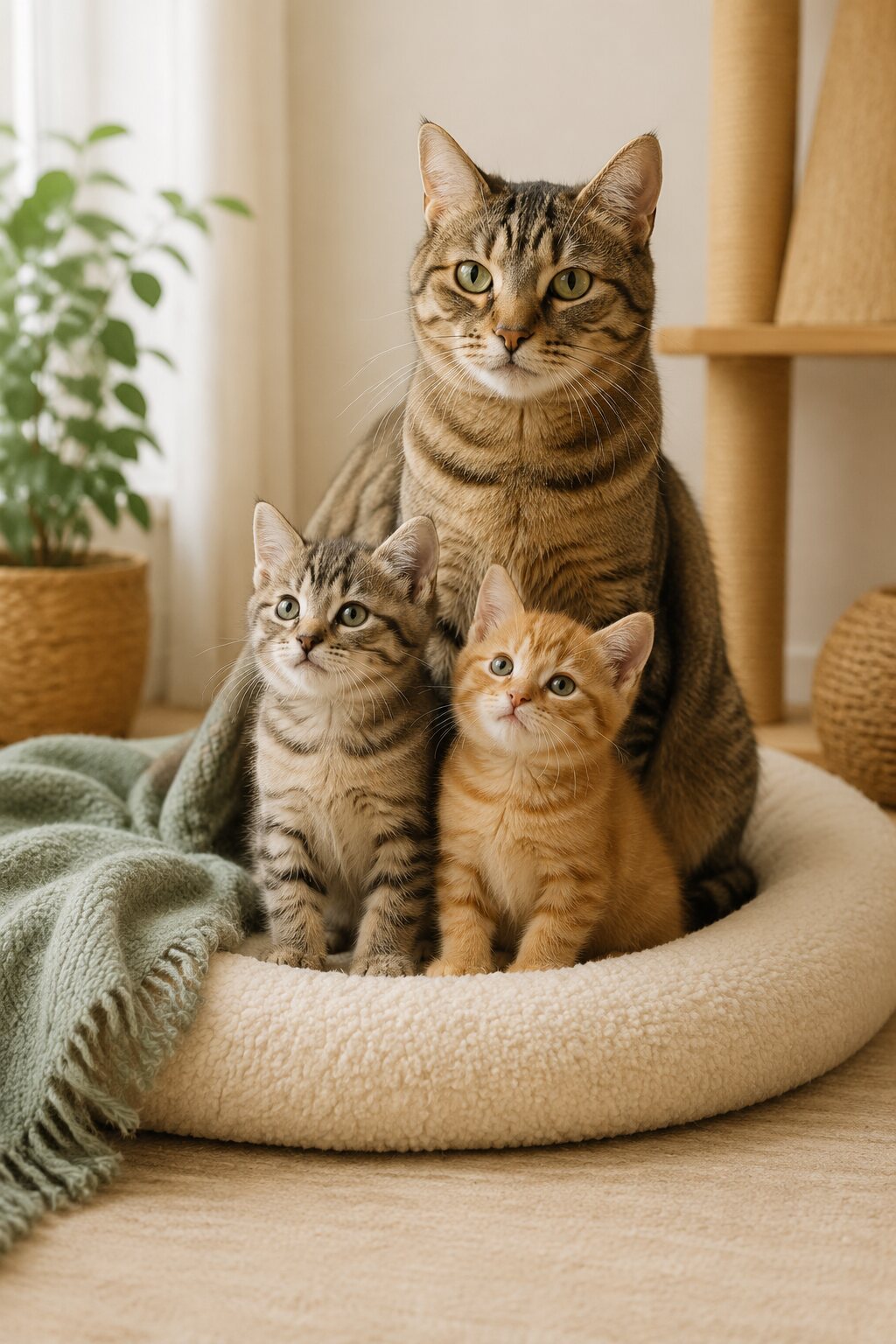 Mother cat watching over curious kittens