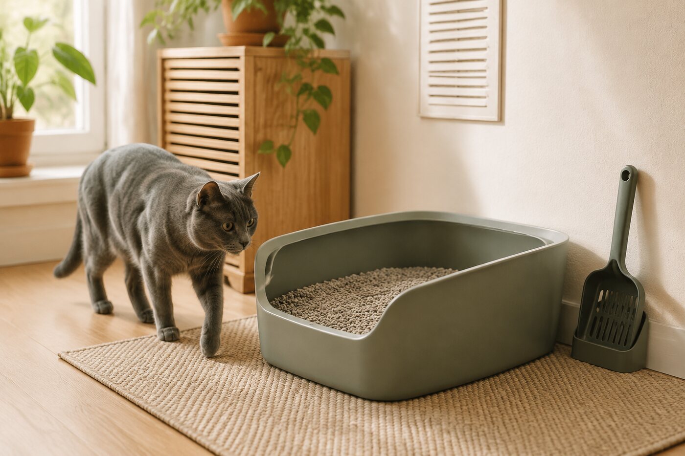 Clean open litter box in a quiet home location