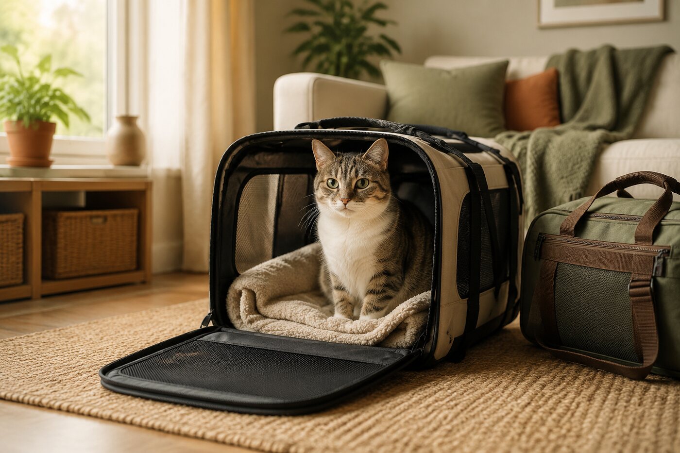 Cat calmly sitting in an open travel carrier
